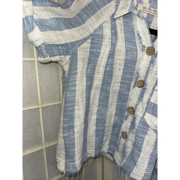 We the Free Classic Boho‎ Beach Gauze Cropped Fringe Striped Button Blouse Small - Picture 9 of 15